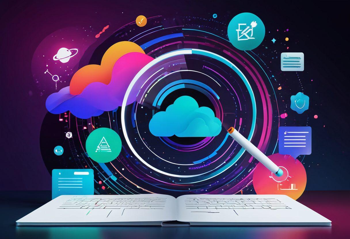 A dynamic scene depicting a digital landscape filled with flowing data streams and sparkling metadata icons. In the foreground, an illustration of the Apache Tika logo merging with a magnifying glass symbolizing effective extraction. Surround the scene with abstract representations of various content types like documents, images, and audio files. Use bright, vivid colors to convey innovation and technology, with a sleek, modern aesthetic. super-realistic. vibrant colors. 3D.